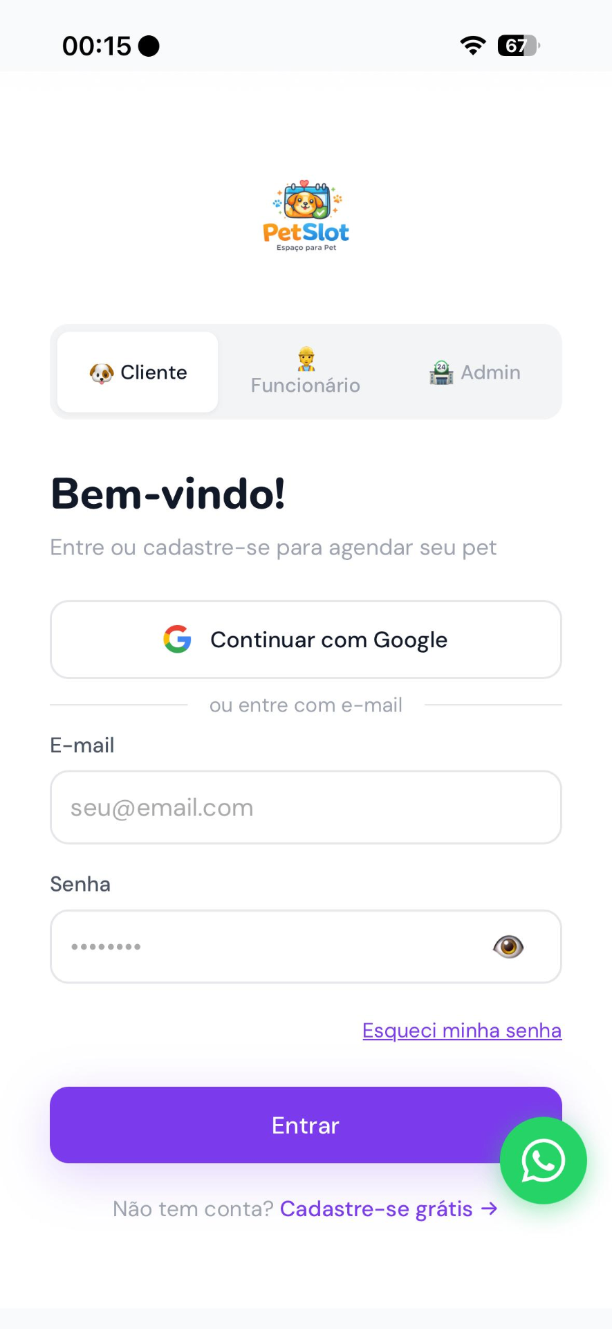Tela de login do PetSlot no iPhone 15 Pro